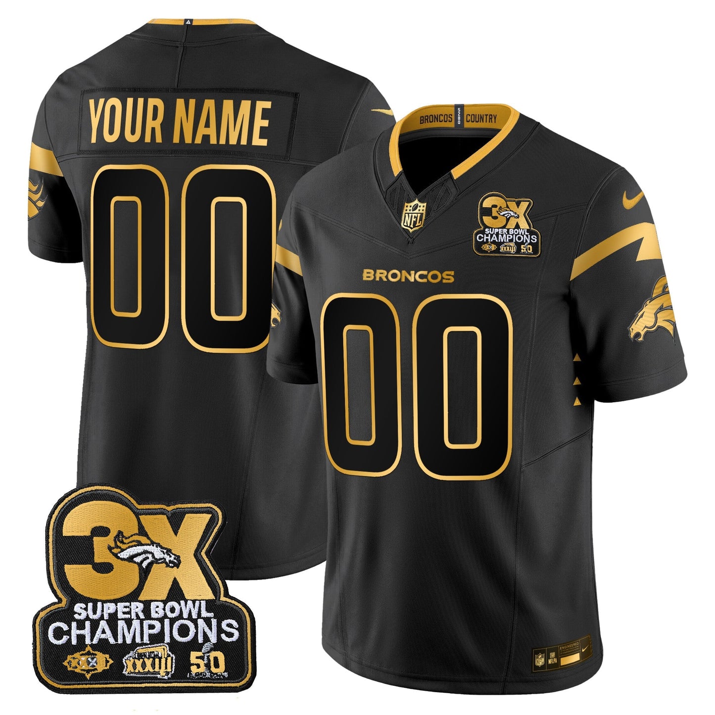 DEN 3-Time Champions Patch Gold Vapor Limited Custom Jersey - All Stitched