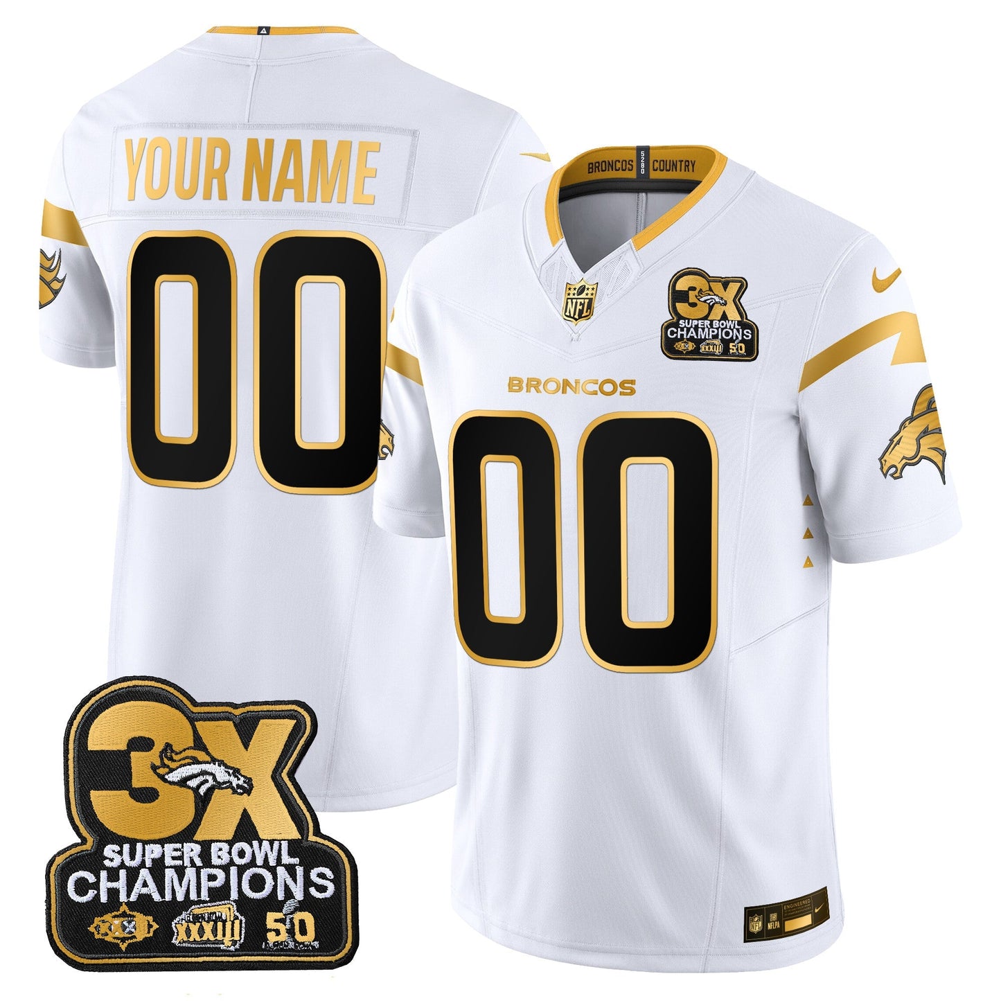 DEN 3-Time Champions Patch Gold Vapor Limited Custom Jersey - All Stitched