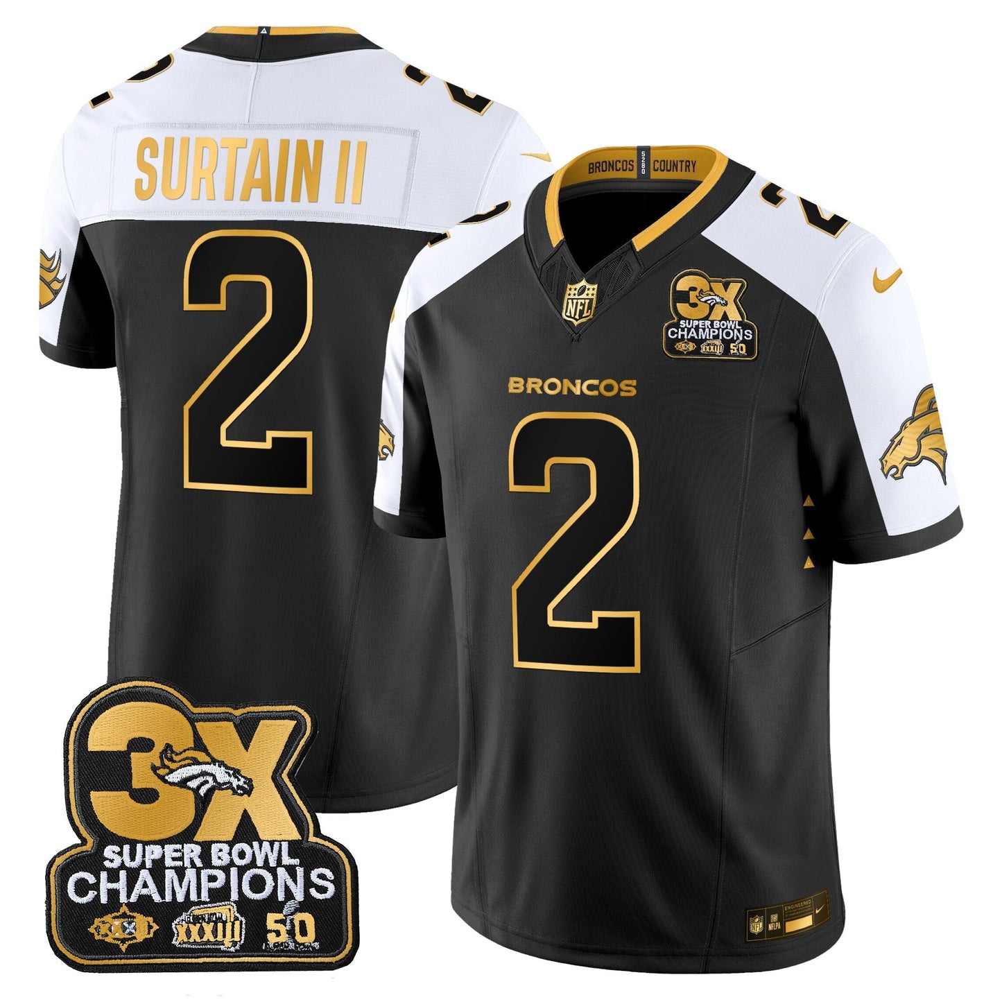 DEN 3-Time Champions Patch Gold Vapor Limited Jersey - All Stitched