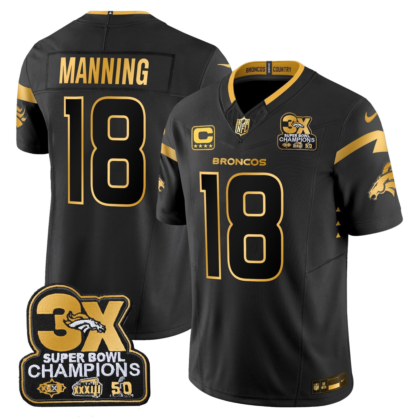DEN 3-Time Champions Patch Gold Vapor Limited Jersey - All Stitched