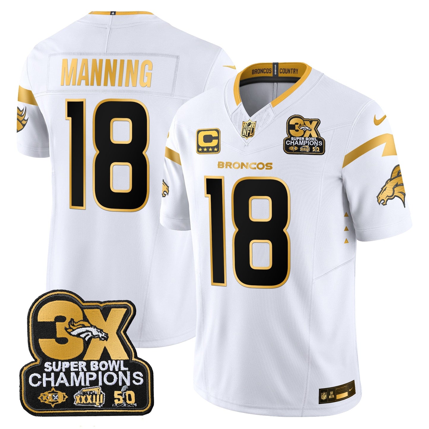 DEN 3-Time Champions Patch Gold Vapor Limited Jersey - All Stitched
