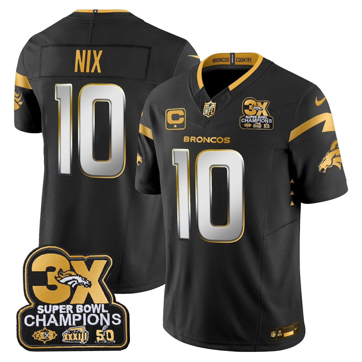 DEN 3-Time Champions Patch Gold Vapor Limited Jersey - All Stitched