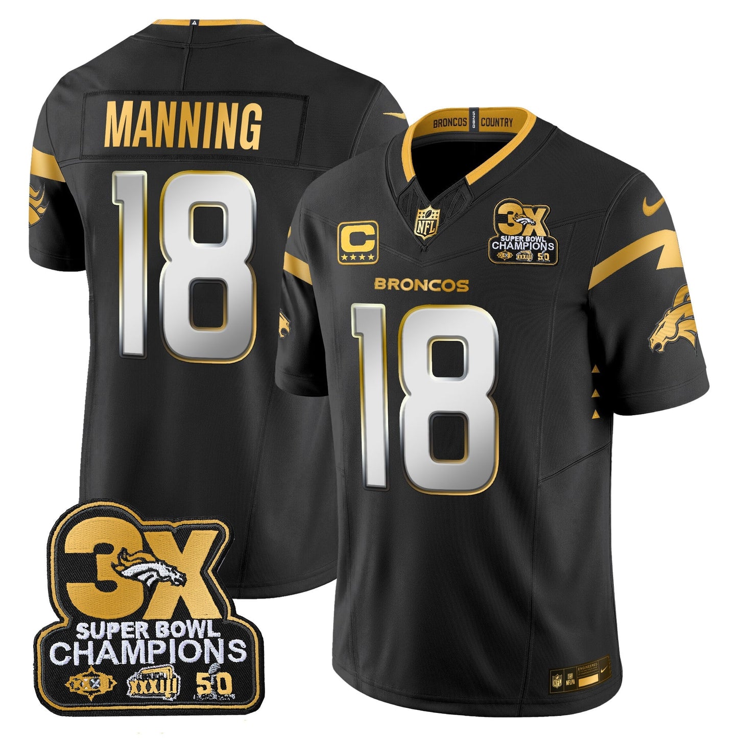 DEN 3-Time Champions Patch Gold Vapor Limited Jersey - All Stitched