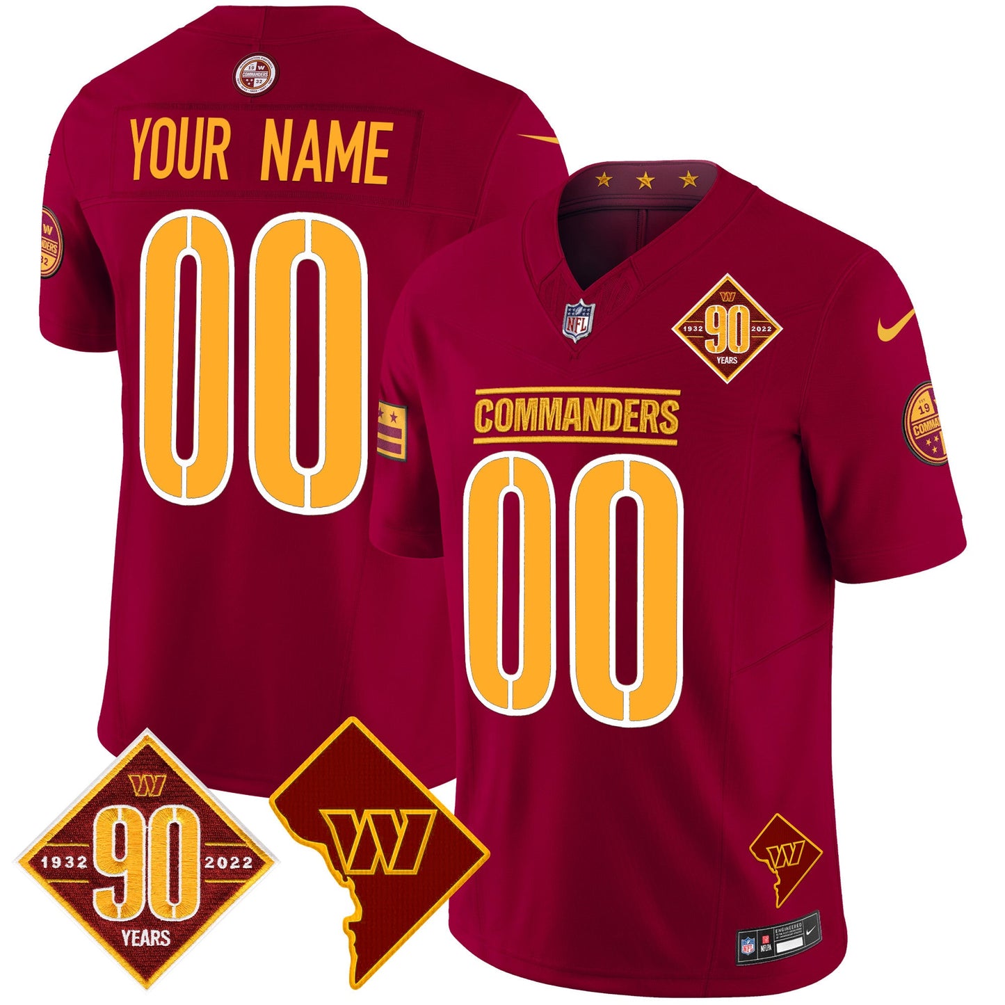 Washington Commanders 90th Anniversary & Home Patch Vapor Limited Custom Jersey - All Stitched