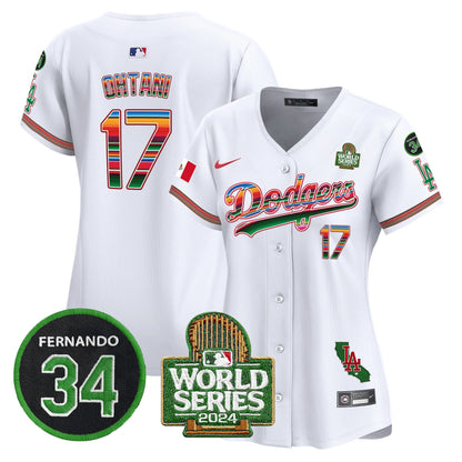 Women's Dodgers Mexico Fernando Memorial & 2024 World Series Patch Vapor Premier Limited Jersey V2 - All Stitched