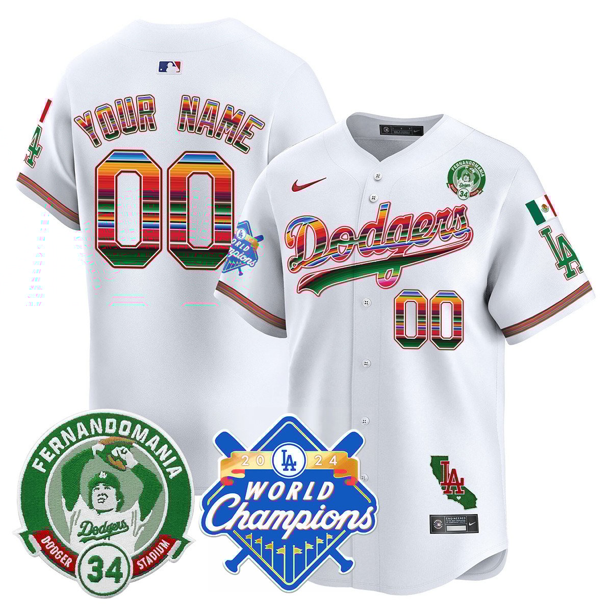 Custom Name/Gender Dodgers Mexico Fernando Memorial & 2024 World Series Champions Patch Jersey - All Stitched