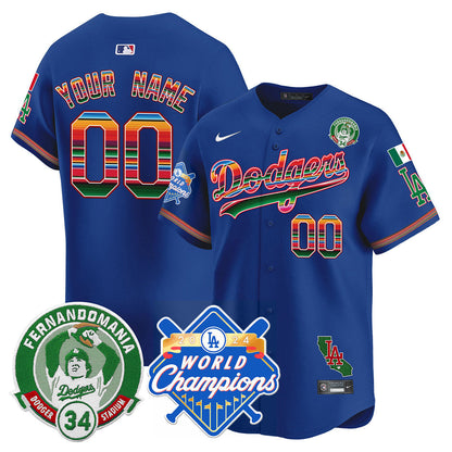 Custom Name/Gender Dodgers Mexico Fernando Memorial & 2024 World Series Champions Patch Jersey - All Stitched