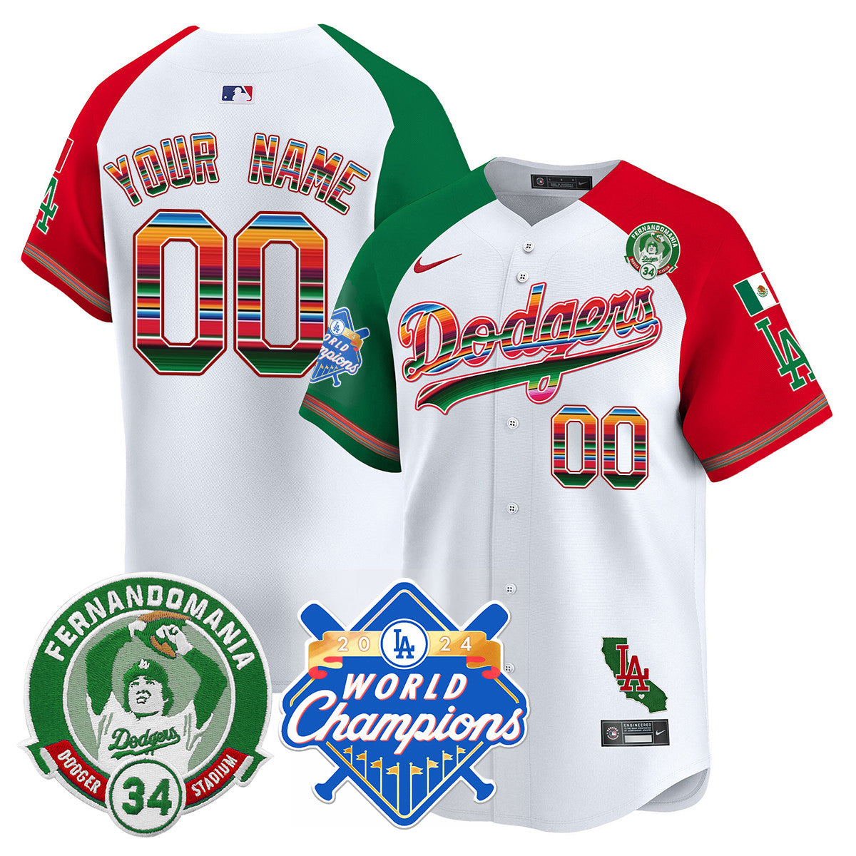 Custom Name/Gender Dodgers Mexico Fernando Memorial & 2024 World Series Champions Patch Jersey - All Stitched