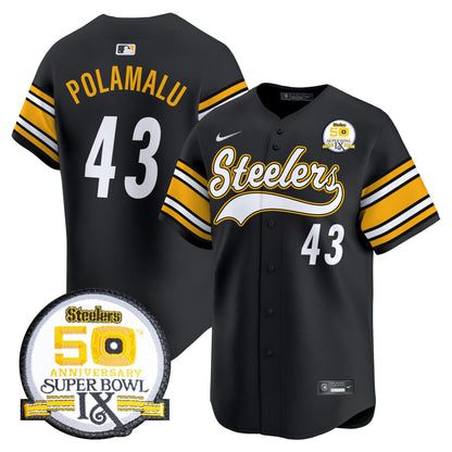 Steelers 50th Anniversary Of Super Bowl IX Patch Vapor Premier Baseball Jersey - All Stitched