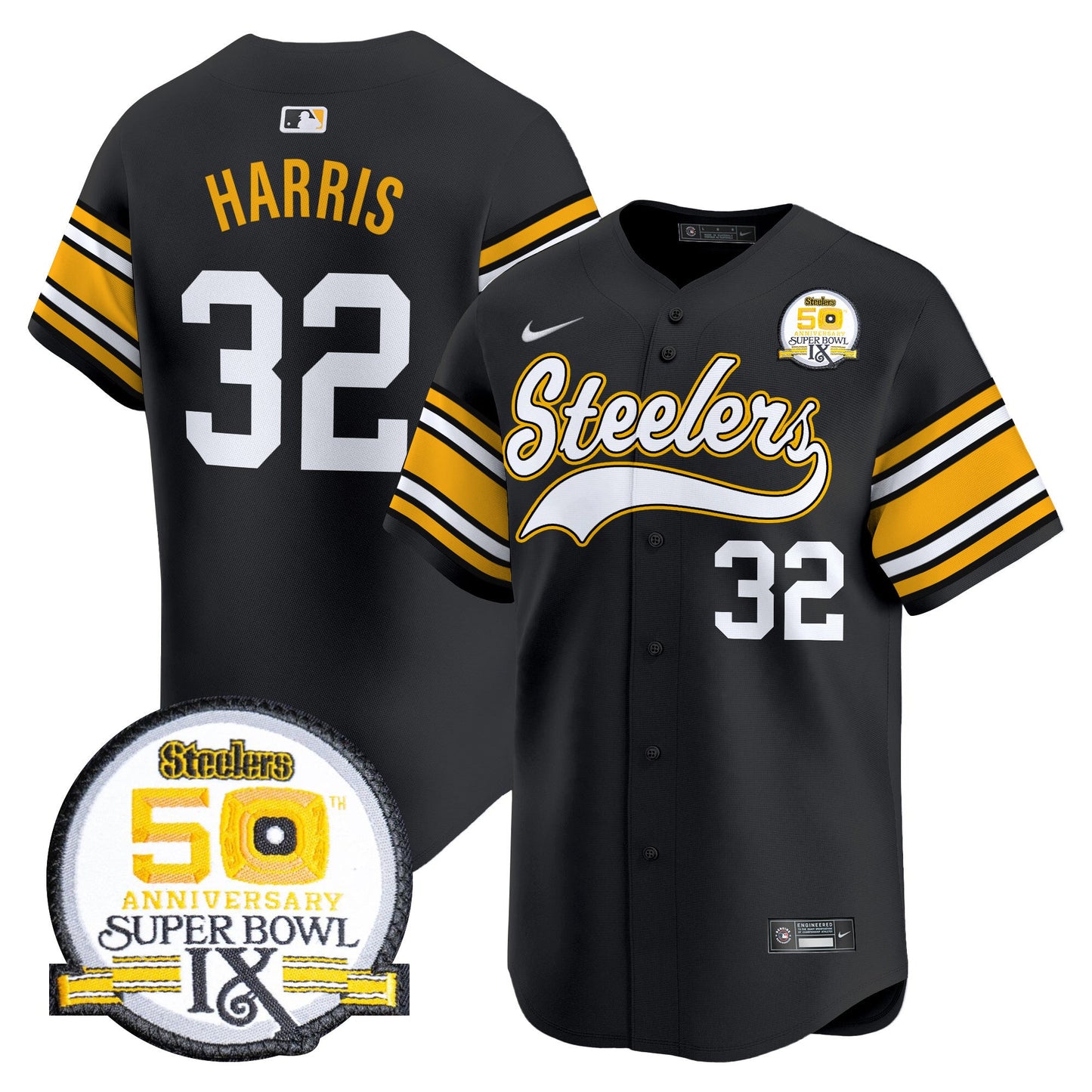 Steelers 50th Anniversary Of Super Bowl IX Patch Vapor Premier Baseball Jersey - All Stitched