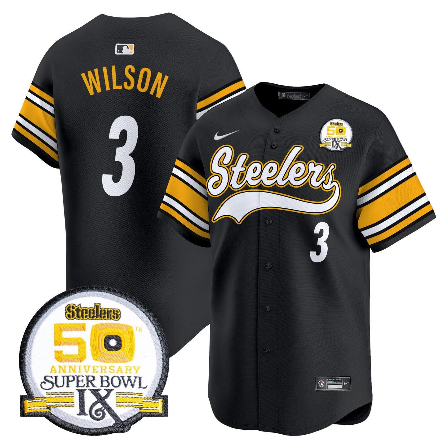Steelers 50th Anniversary Of Super Bowl IX Patch Vapor Premier Baseball Jersey - All Stitched