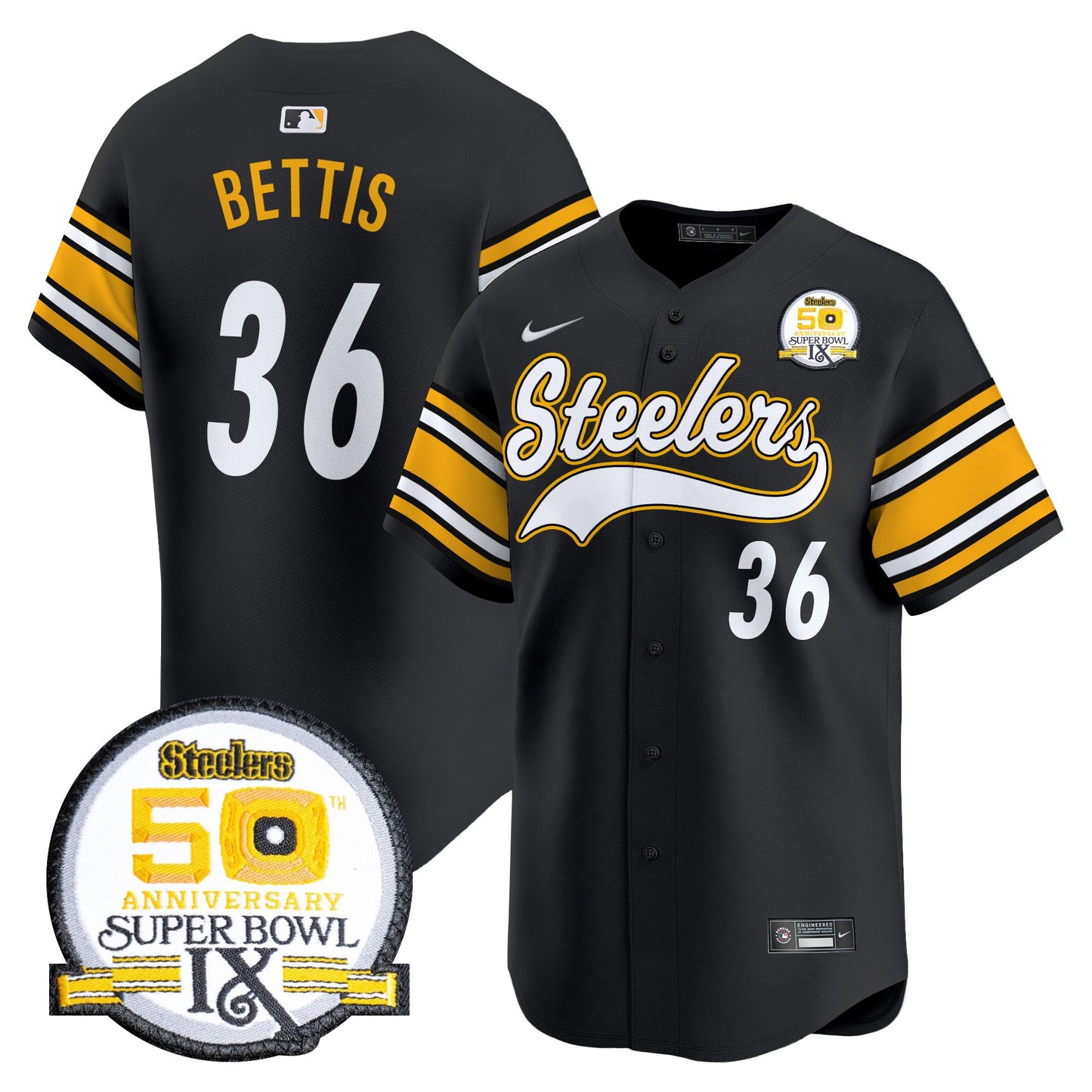 Steelers 50th Anniversary Of Super Bowl IX Patch Vapor Premier Baseball Jersey - All Stitched