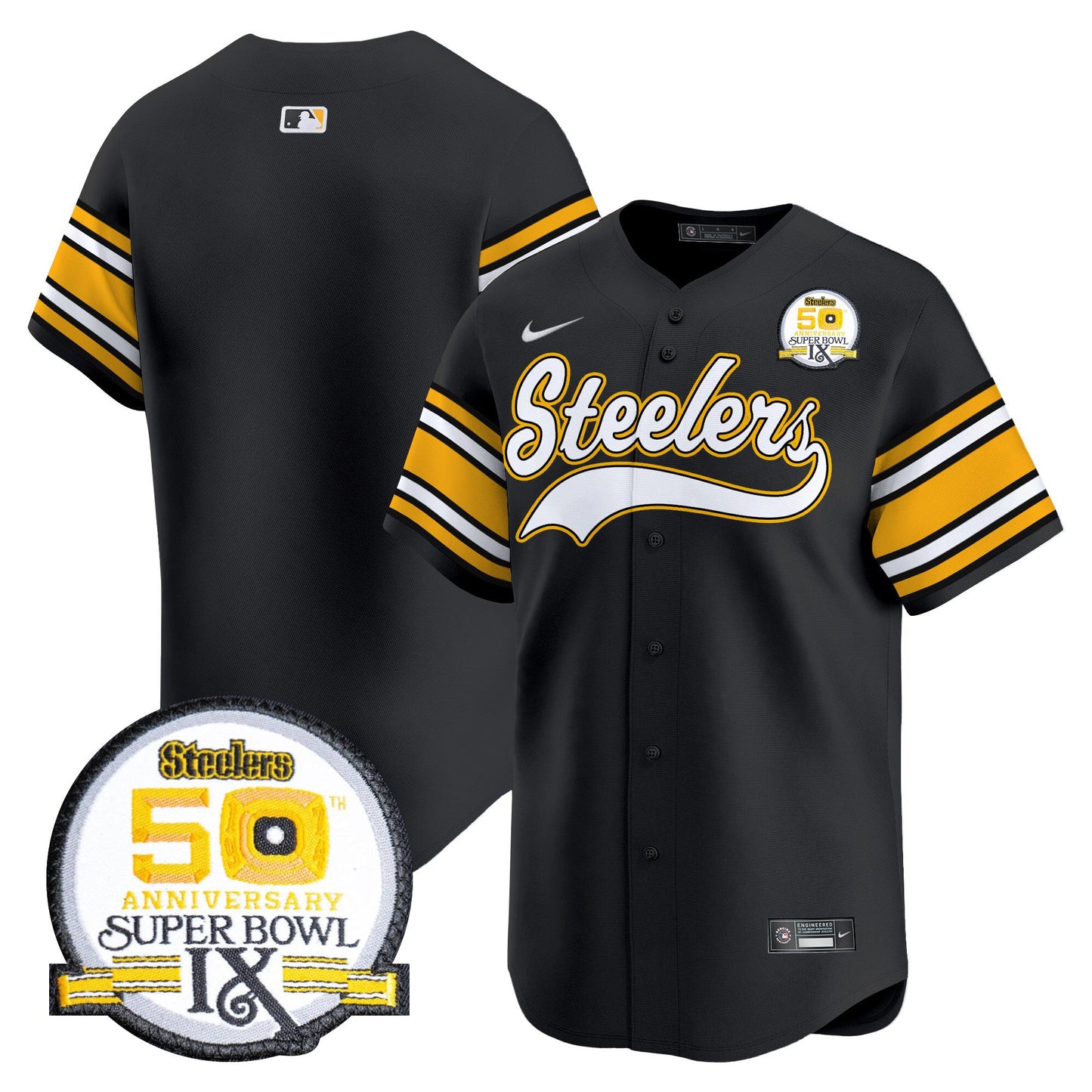Steelers 50th Anniversary Of Super Bowl IX Patch Vapor Premier Baseball Jersey - All Stitched