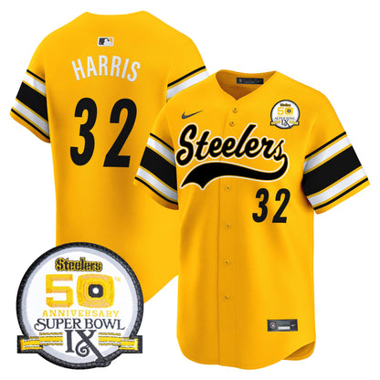 Steelers 50th Anniversary Of Super Bowl IX Patch Vapor Premier Baseball Jersey - All Stitched