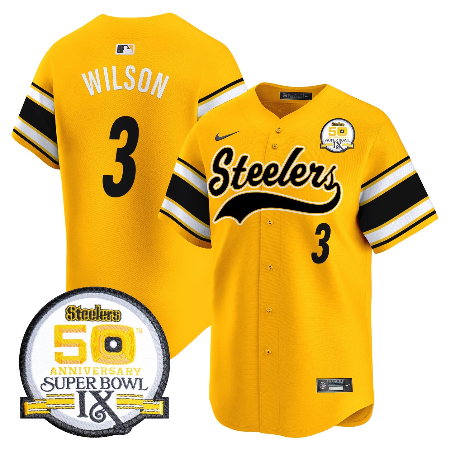 Steelers 50th Anniversary Of Super Bowl IX Patch Vapor Premier Baseball Jersey - All Stitched