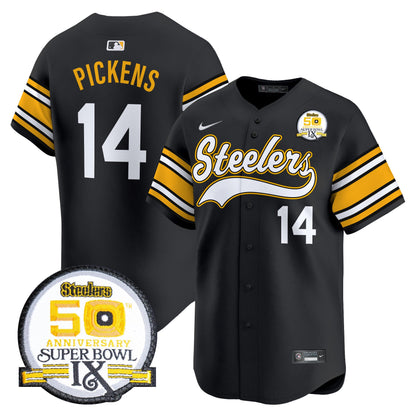 Steelers 50th Anniversary Of Super Bowl IX Patch Vapor Premier Baseball Jersey - All Stitched