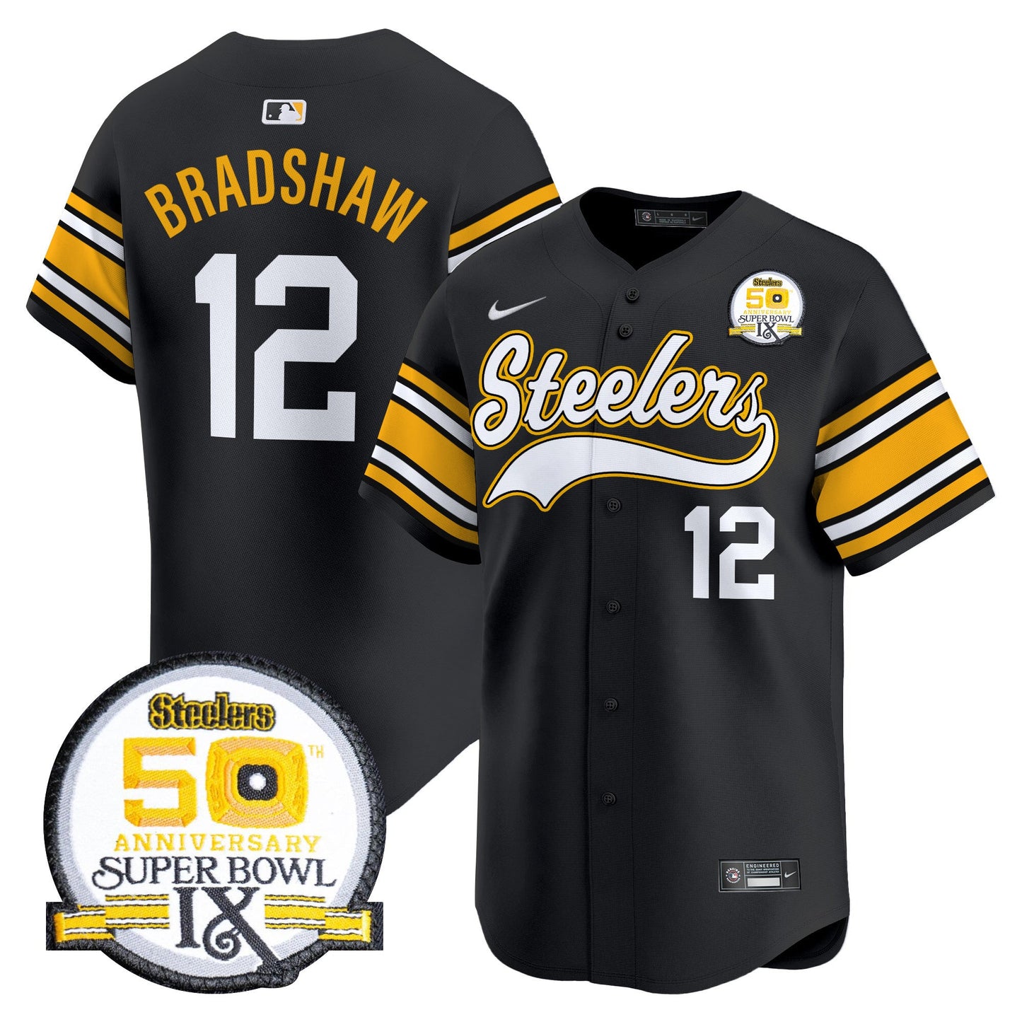 Steelers 50th Anniversary Of Super Bowl IX Patch Vapor Premier Baseball Jersey - All Stitched