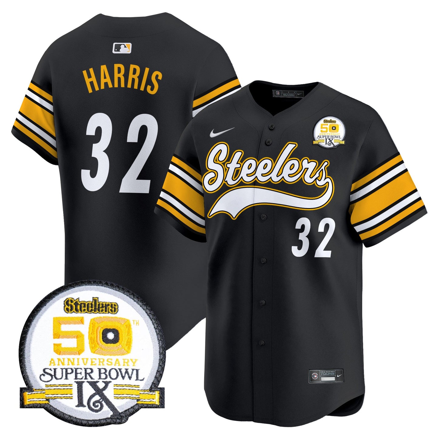 Steelers 50th Anniversary Of Super Bowl IX Patch Vapor Premier Baseball Jersey - All Stitched