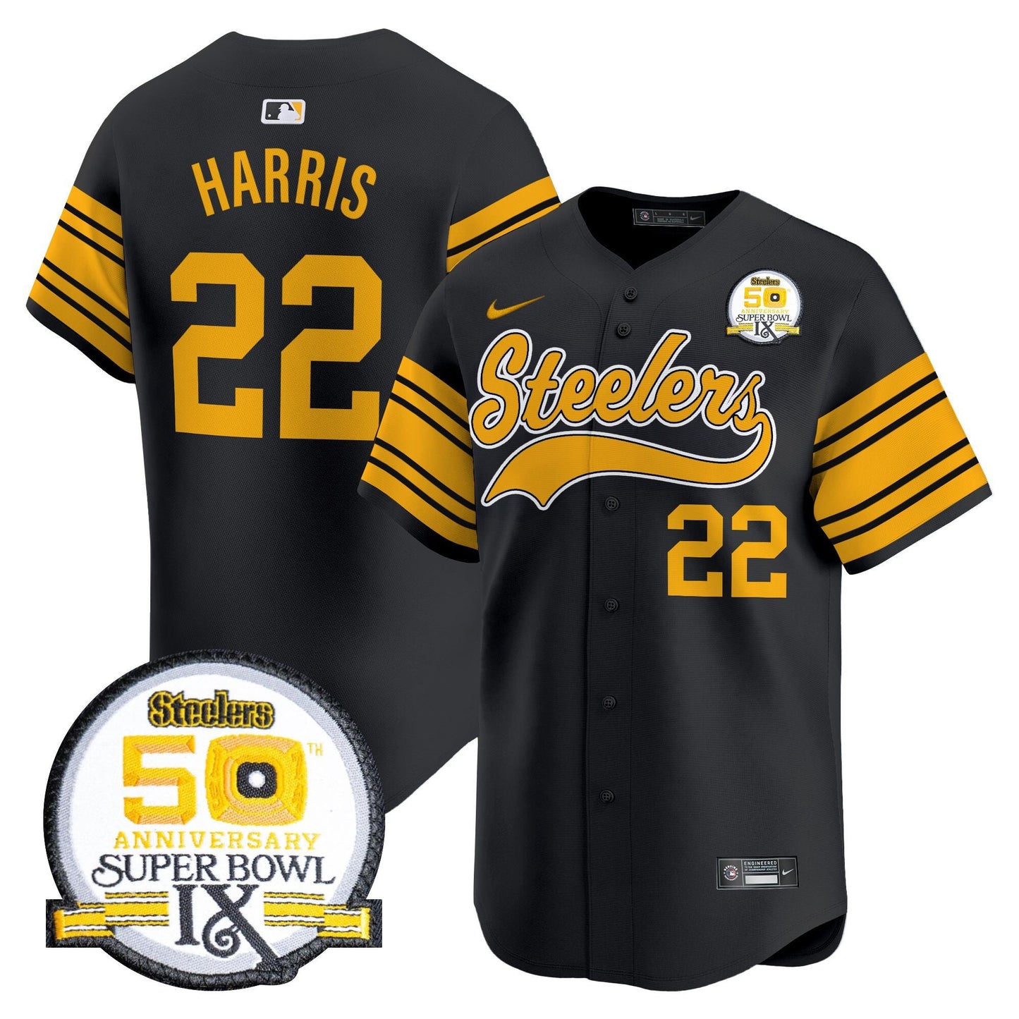 Steelers 50th Anniversary Of Super Bowl IX Patch Vapor Premier Baseball Jersey - All Stitched