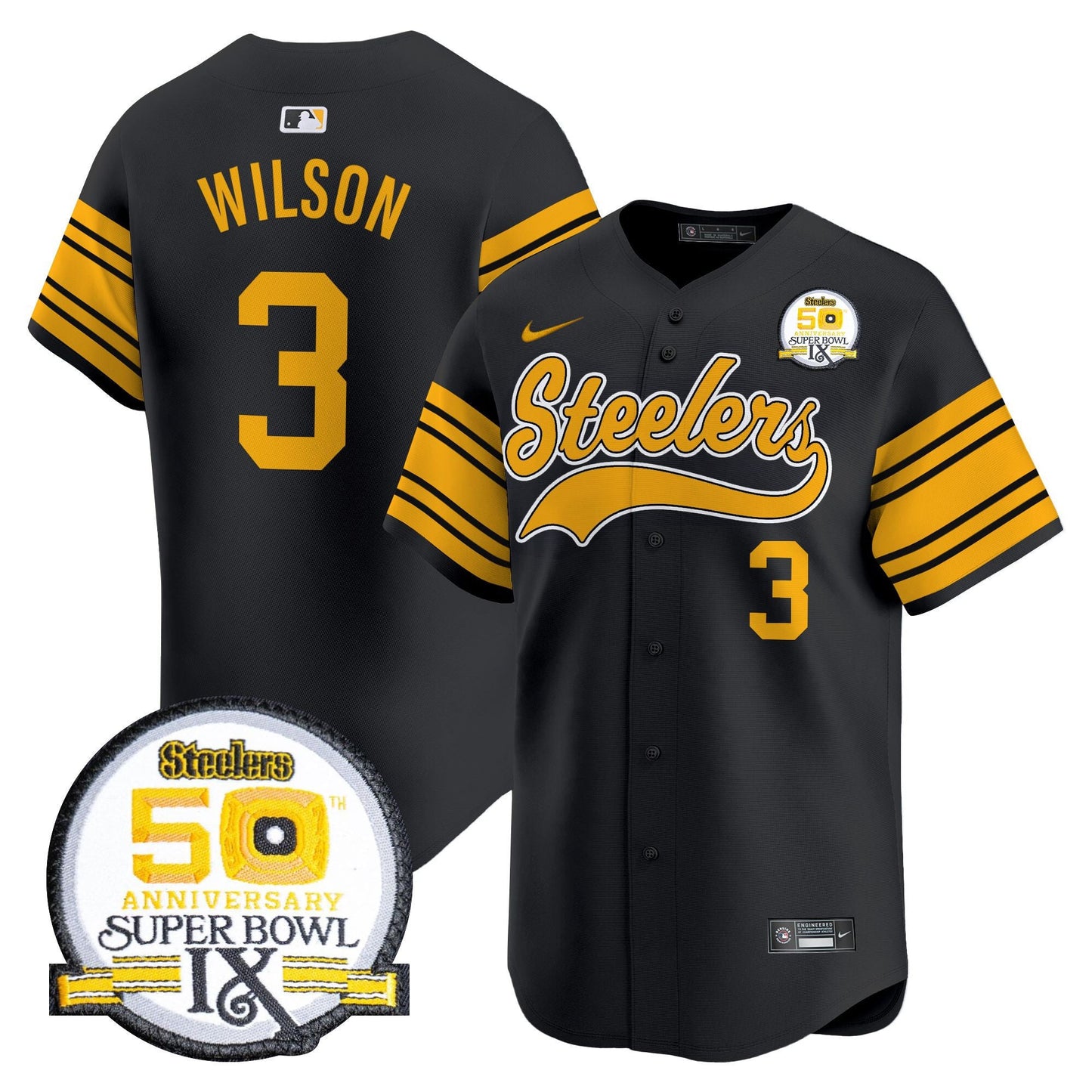 Steelers 50th Anniversary Of Super Bowl IX Patch Vapor Premier Baseball Jersey - All Stitched