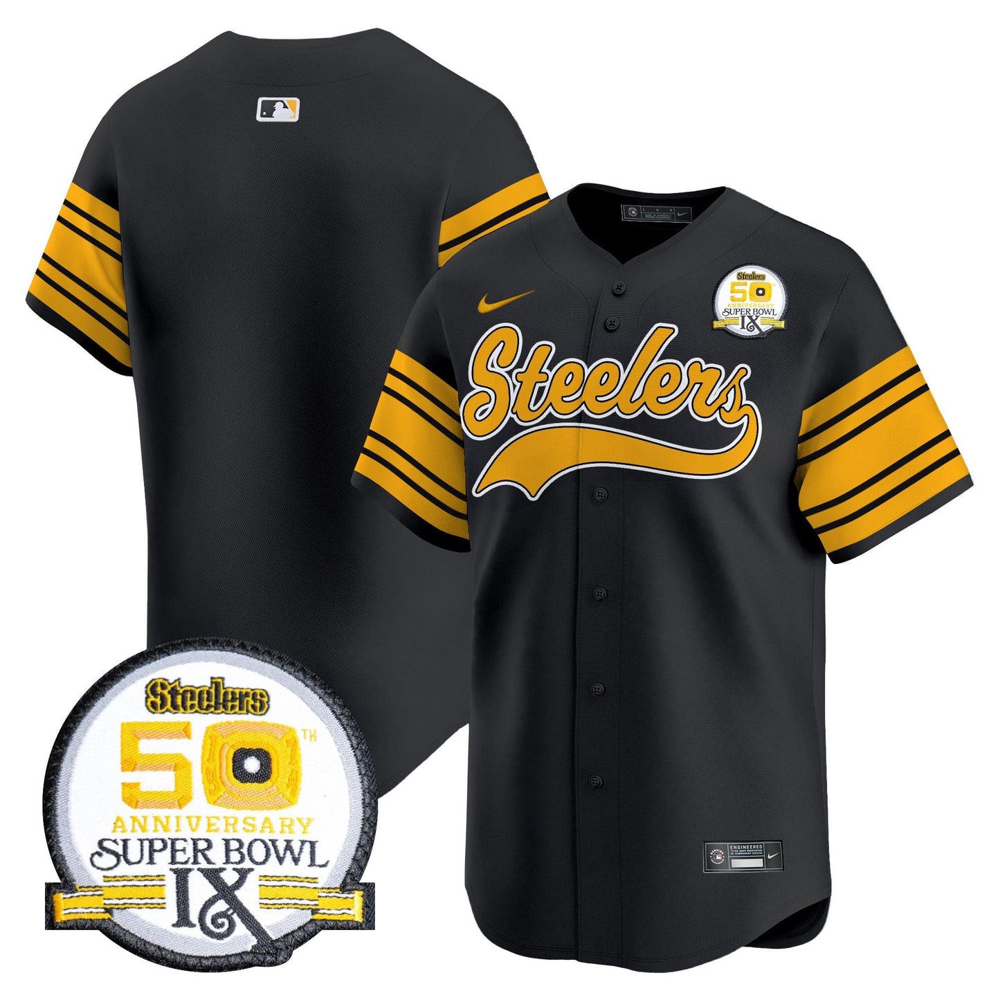 Steelers 50th Anniversary Of Super Bowl IX Patch Vapor Premier Baseball Jersey - All Stitched
