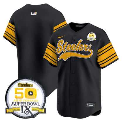 Steelers 50th Anniversary Of Super Bowl IX Patch Vapor Premier Baseball Jersey - All Stitched