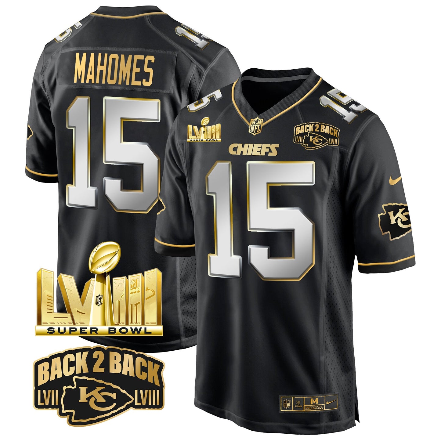 Chiefs Super Bowl LVIII & Back 2 Back Gold Game Jersey - All Stitched