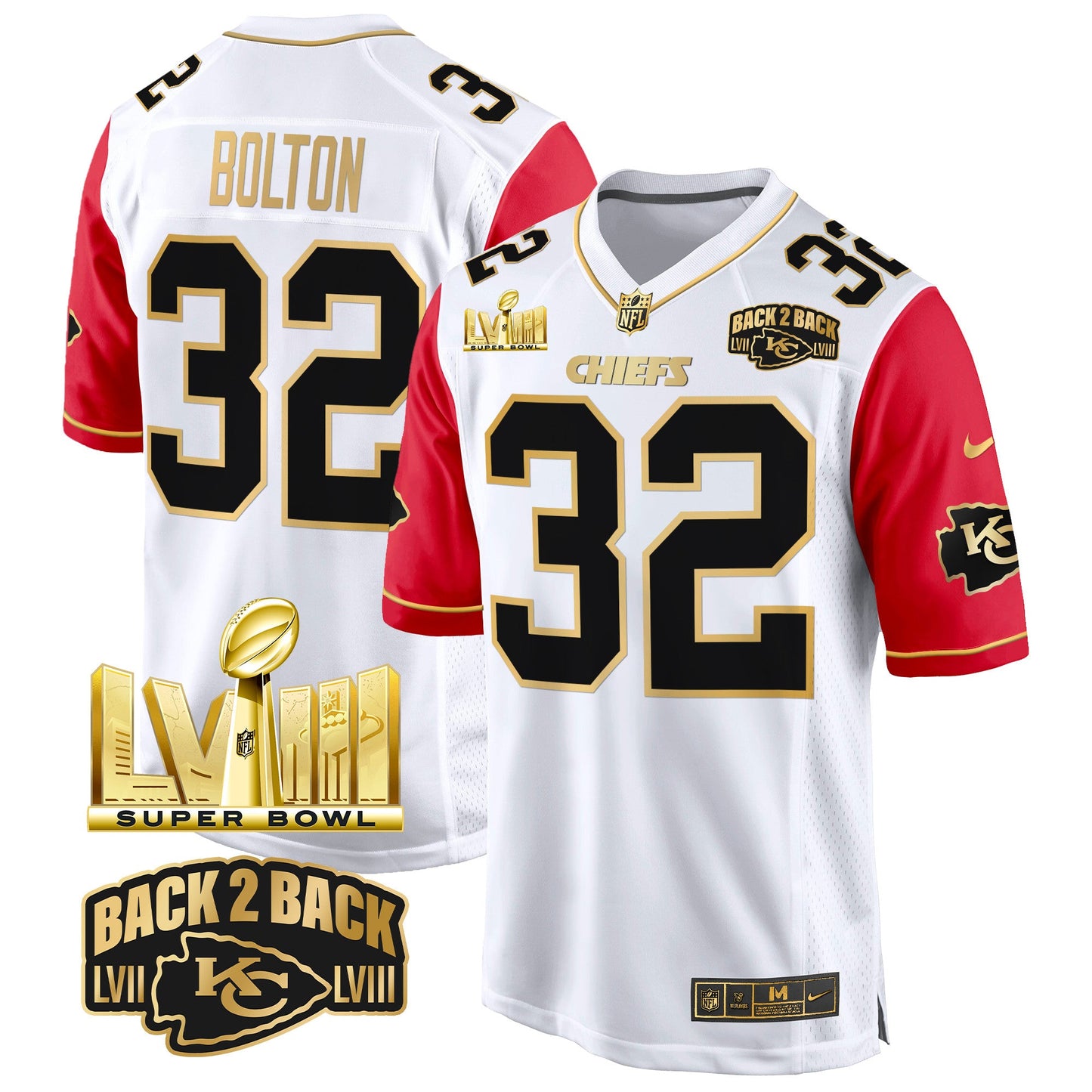 Chiefs Super Bowl LVIII & Back 2 Back Gold Game Jersey - All Stitched