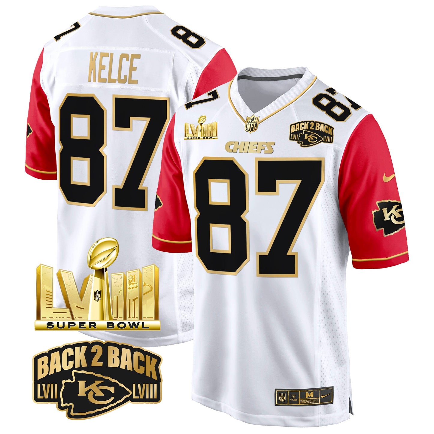 Chiefs Super Bowl LVIII & Back 2 Back Gold Game Jersey - All Stitched