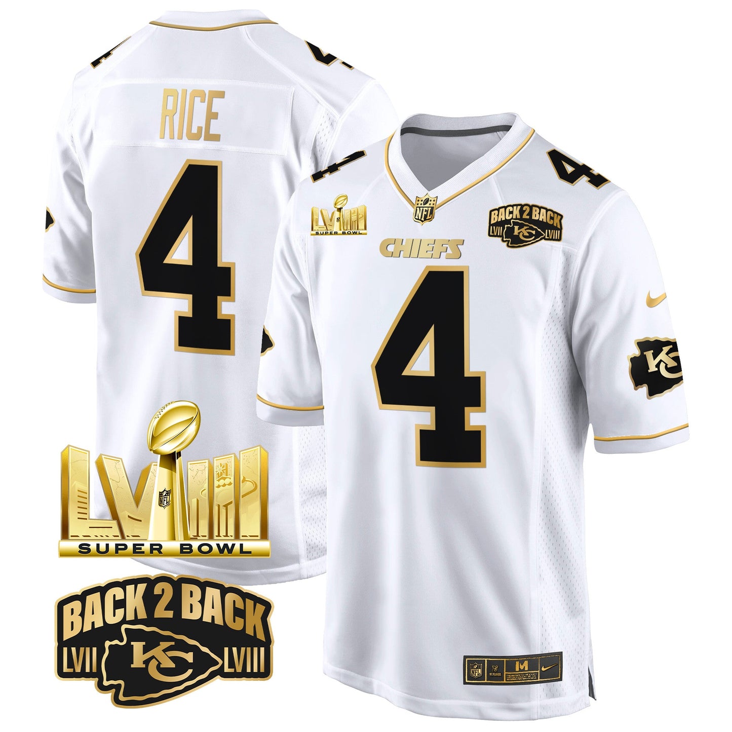 Chiefs Super Bowl LVIII & Back 2 Back Gold Game Jersey - All Stitched
