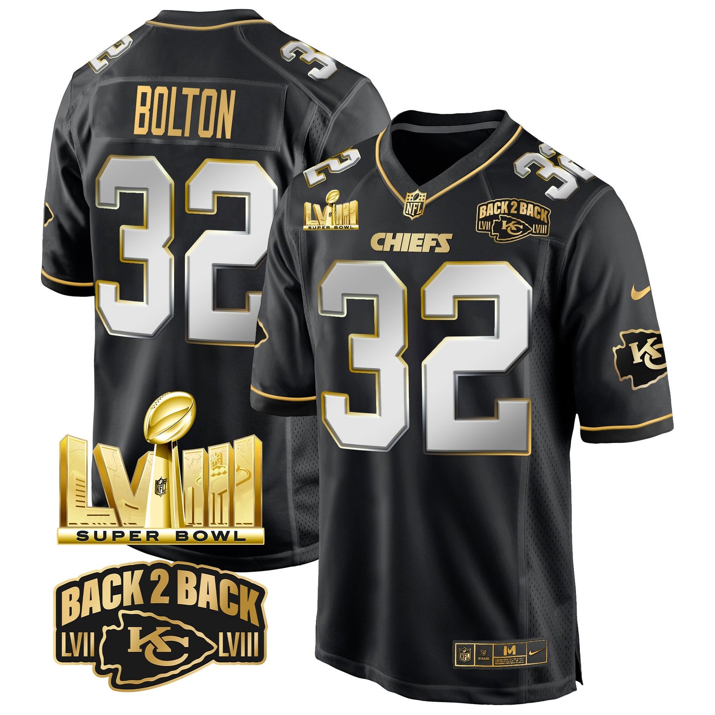 Chiefs Super Bowl LVIII & Back 2 Back Gold Game Jersey - All Stitched