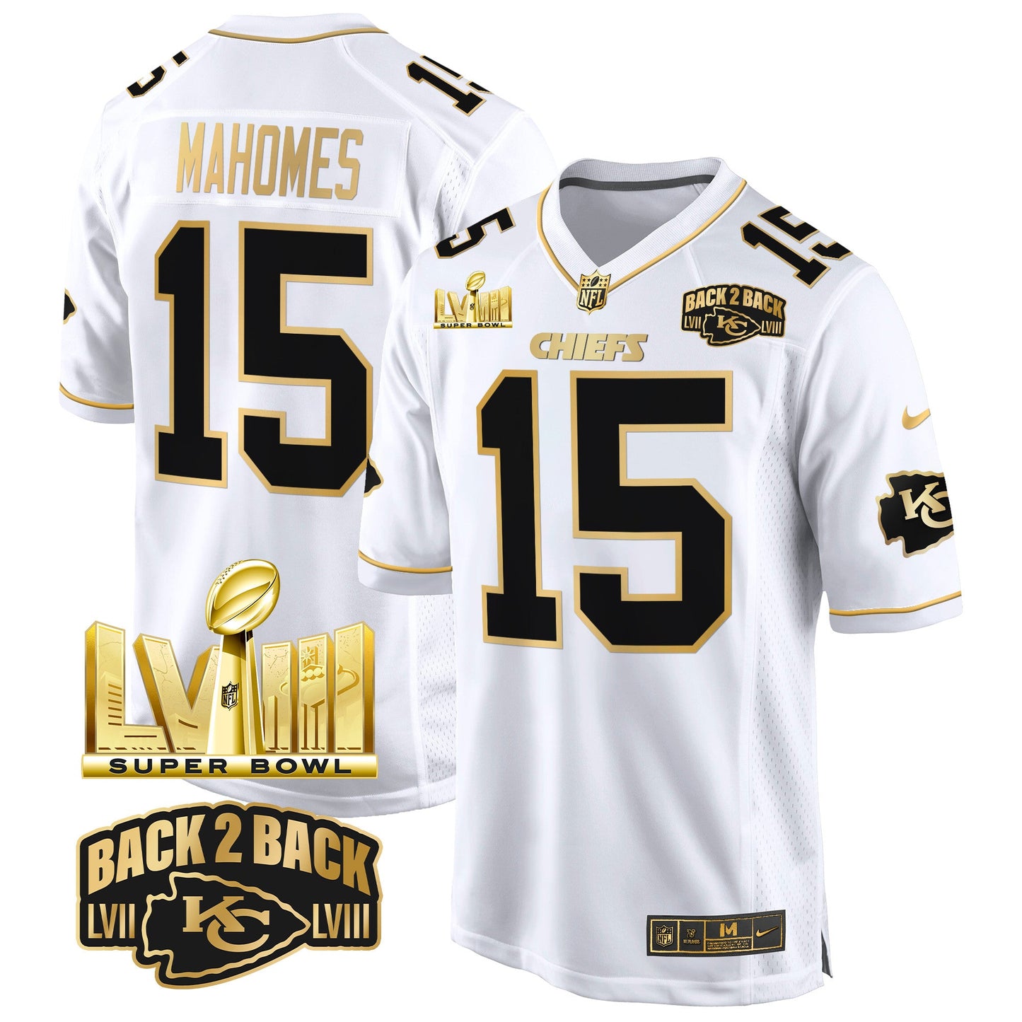 Chiefs Super Bowl LVIII & Back 2 Back Gold Game Jersey - All Stitched