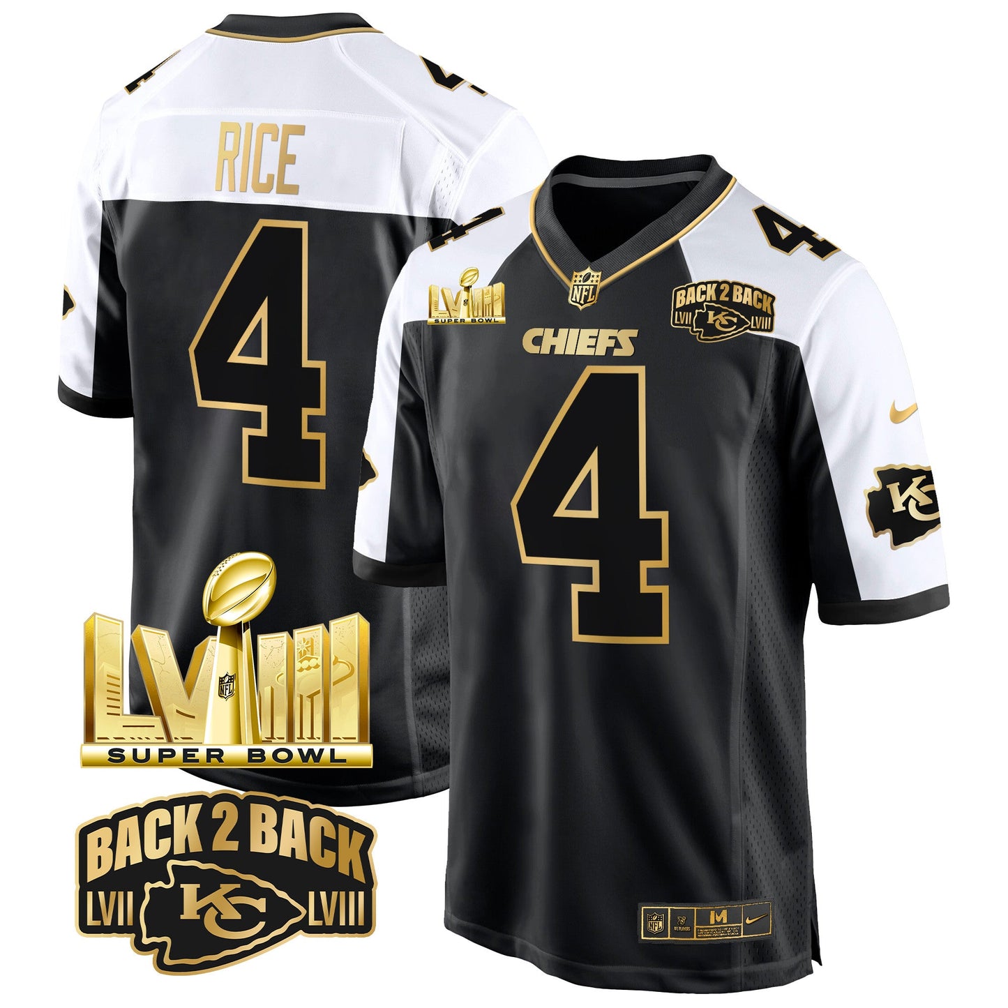 Chiefs Super Bowl LVIII & Back 2 Back Gold Game Jersey - All Stitched