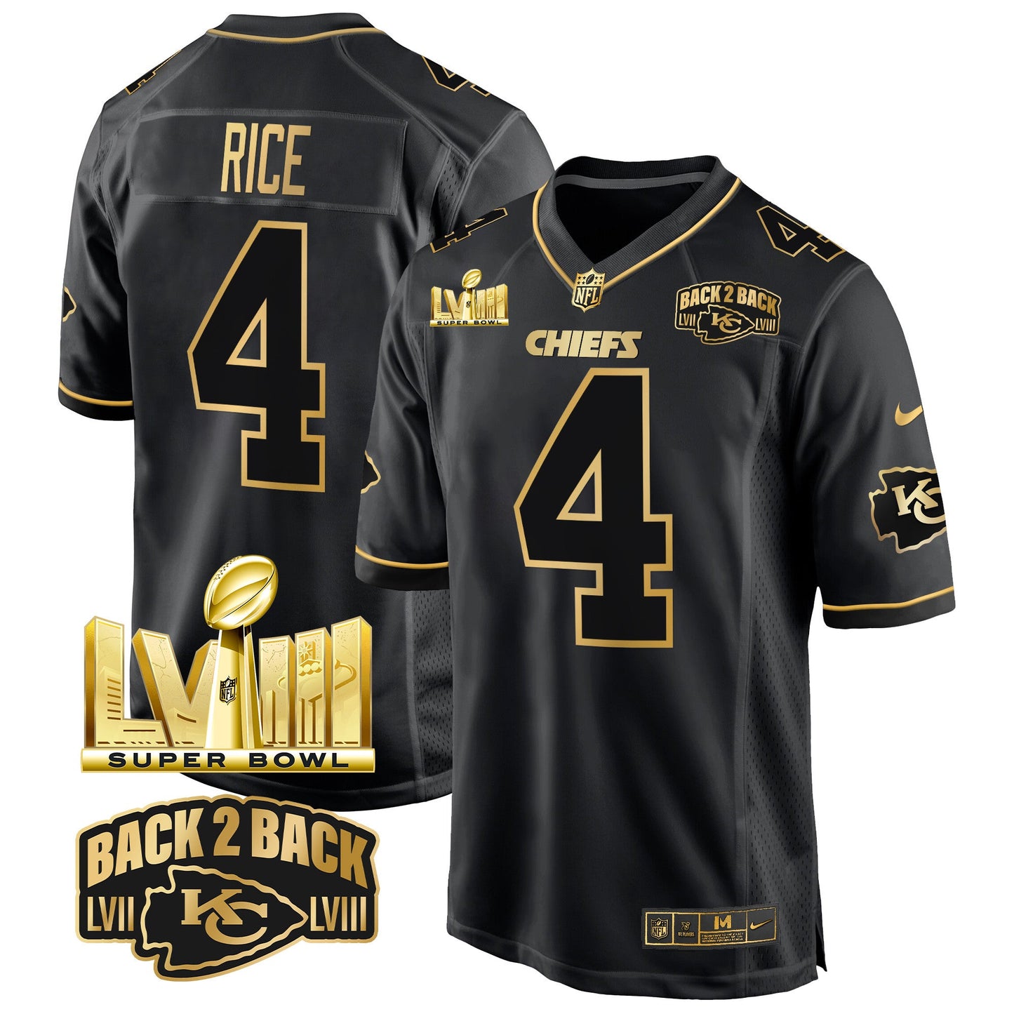 Chiefs Super Bowl LVIII & Back 2 Back Gold Game Jersey - All Stitched