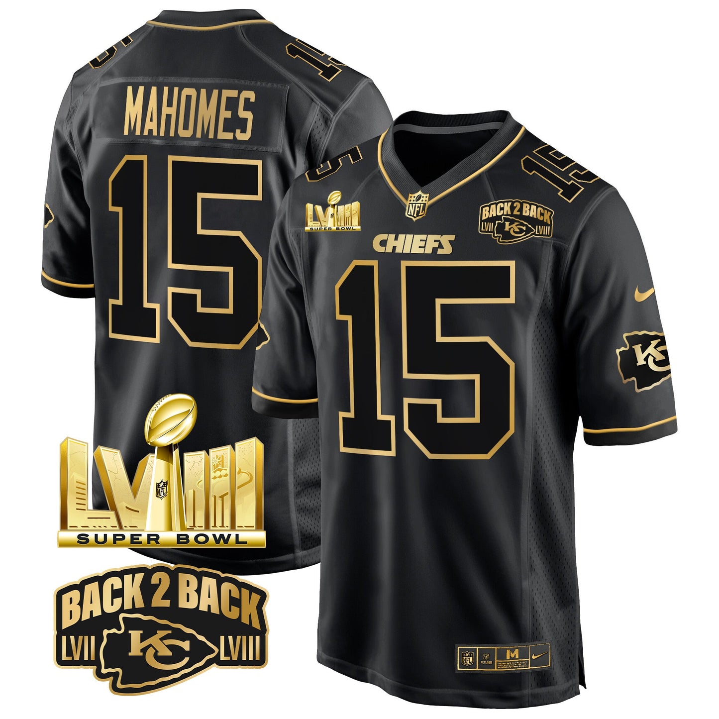 Chiefs Super Bowl LVIII & Back 2 Back Gold Game Jersey - All Stitched