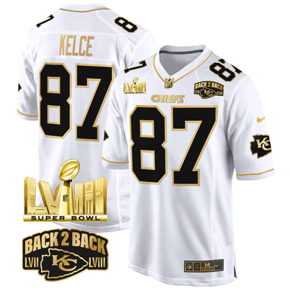 Chiefs Super Bowl LVIII & Back 2 Back Gold Game Jersey - All Stitched