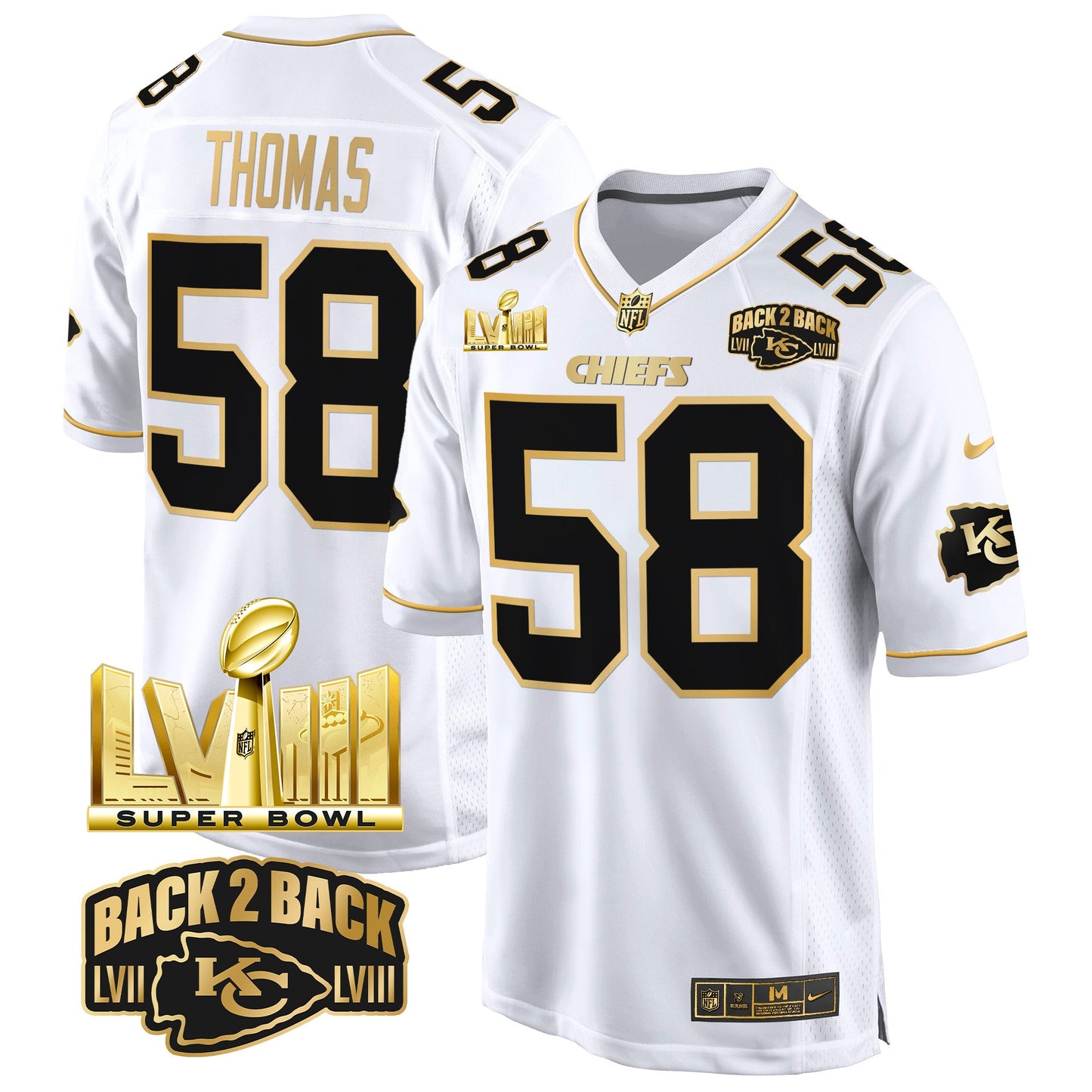 Chiefs Super Bowl LVIII & Back 2 Back Gold Game Jersey - All Stitched