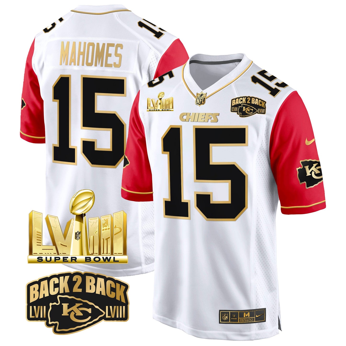 Chiefs Super Bowl LVIII & Back 2 Back Gold Game Jersey - All Stitched