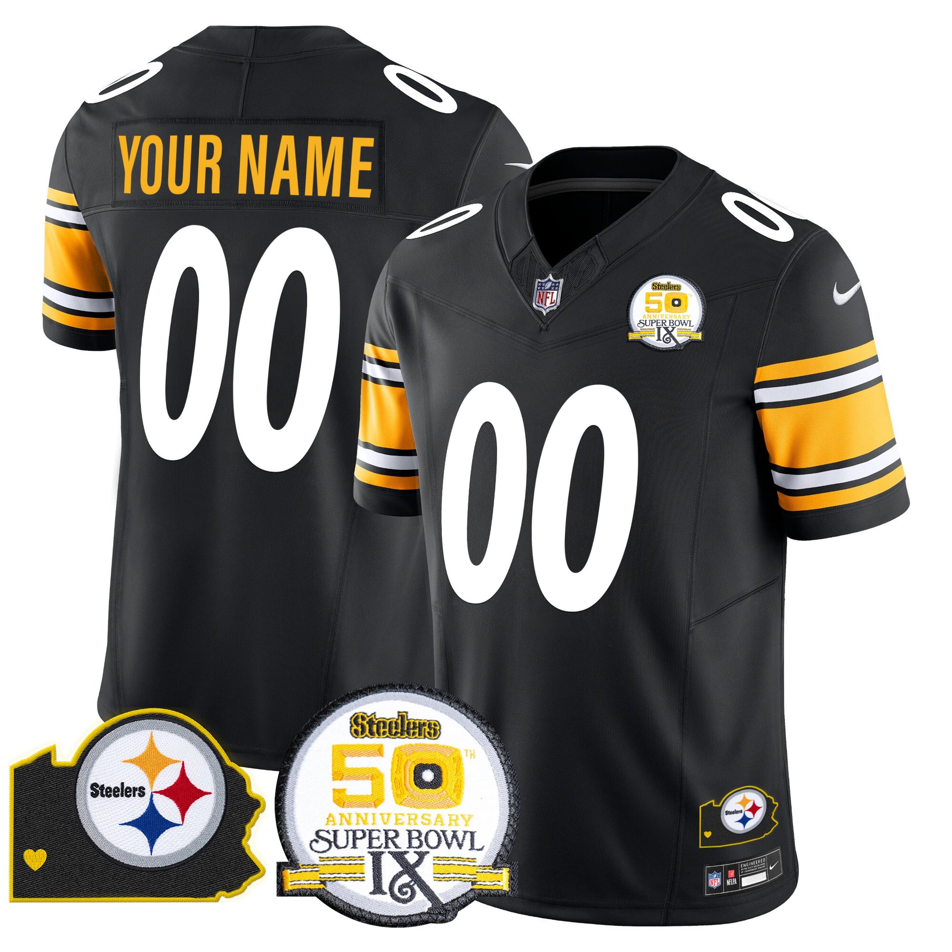 Steelers 50th Anniversary Of Super Bowl IX & Map Patch Vapor Limited Custom Jersey - All Stitched