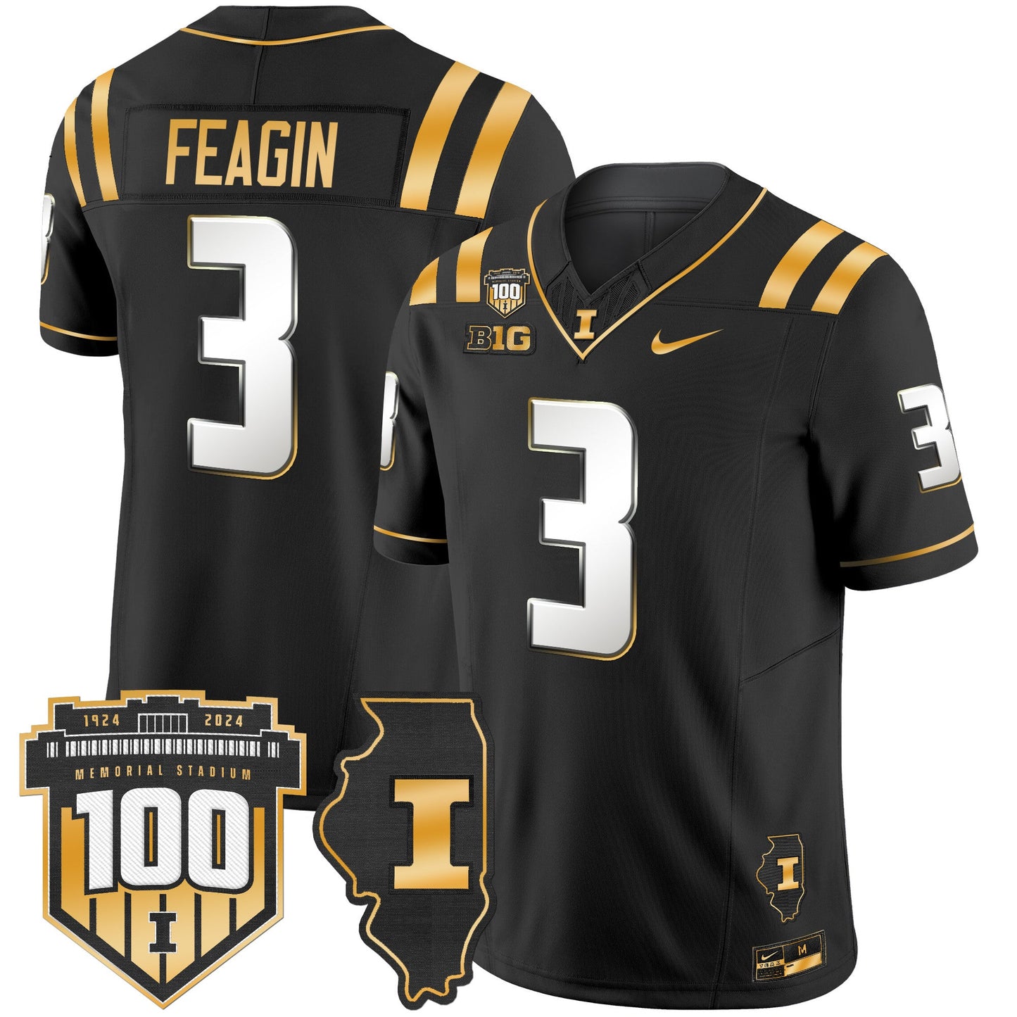 Illinois Fighting Illini 100th Memorial Stadium Patch Gold Vapor Limited Jersey - All Stitched