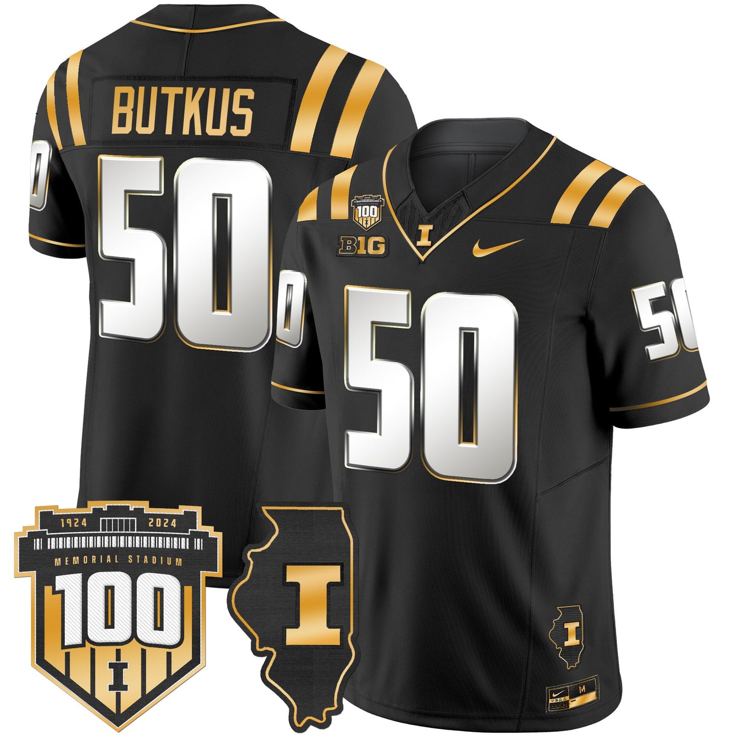 Illinois Fighting Illini 100th Memorial Stadium Patch Gold Vapor Limited Jersey - All Stitched