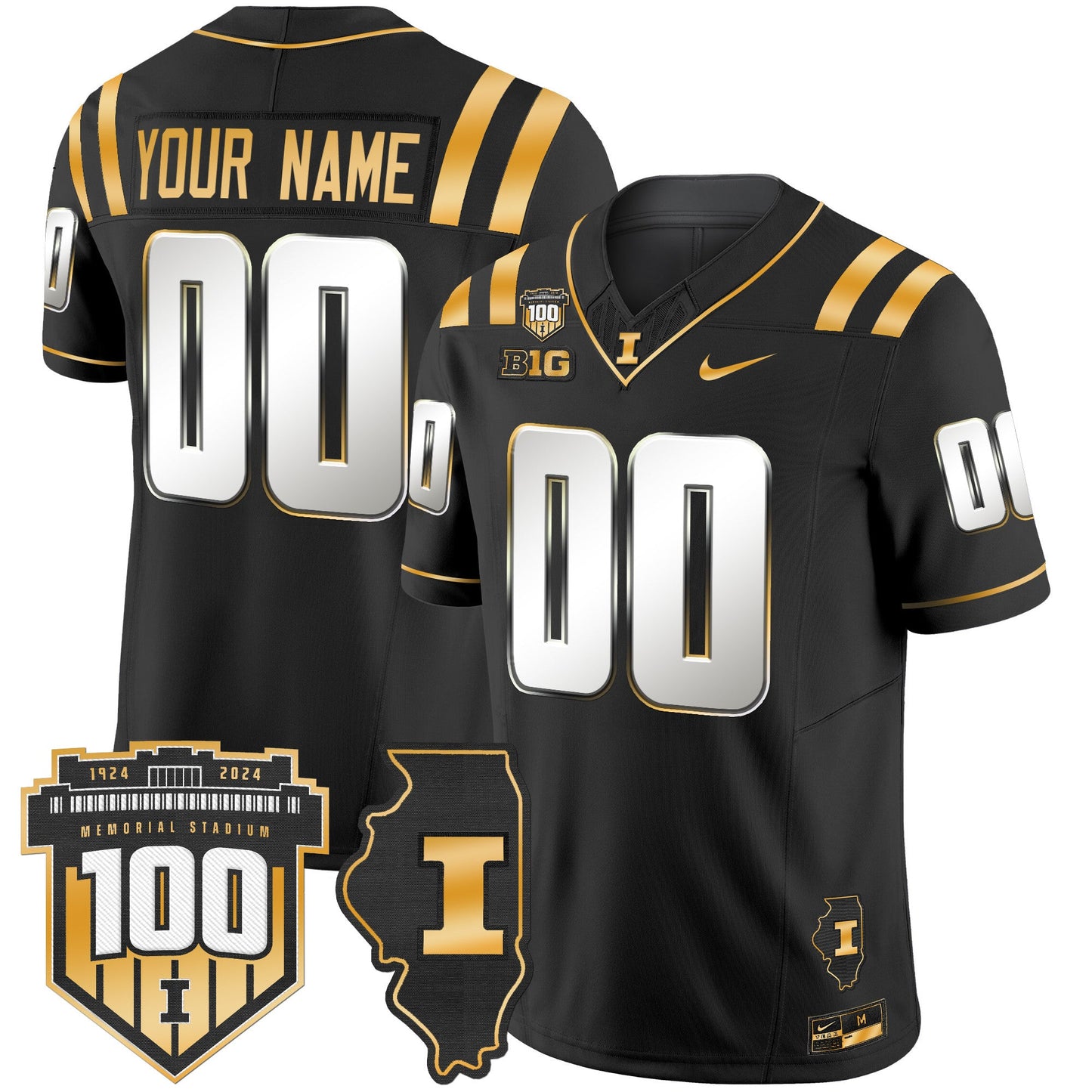 Illinois Fighting Illini 100th Memorial Stadium Patch Gold Vapor Limited Custom Jersey - All Stitched