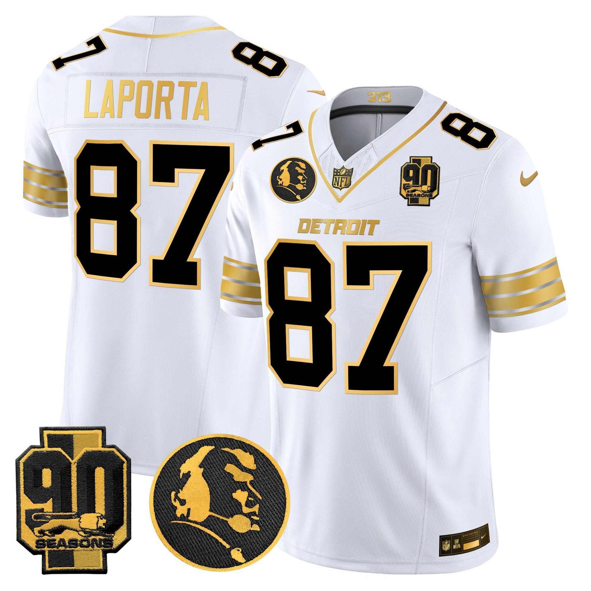 Men's Detroit Lions 2024 90th & John Madden Patch Gold Vapor Limited Jersey - All Stitched