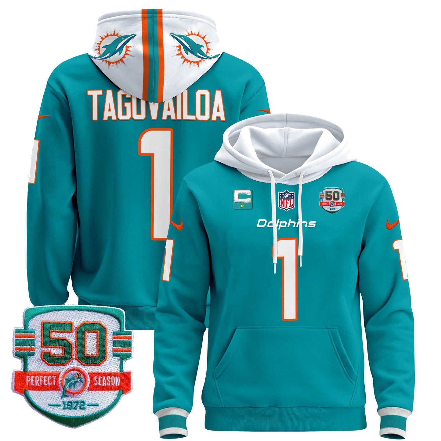 Men's Dolphins 50th 1972 Perfect Season Patch Pullover Hoodie - All Stitched