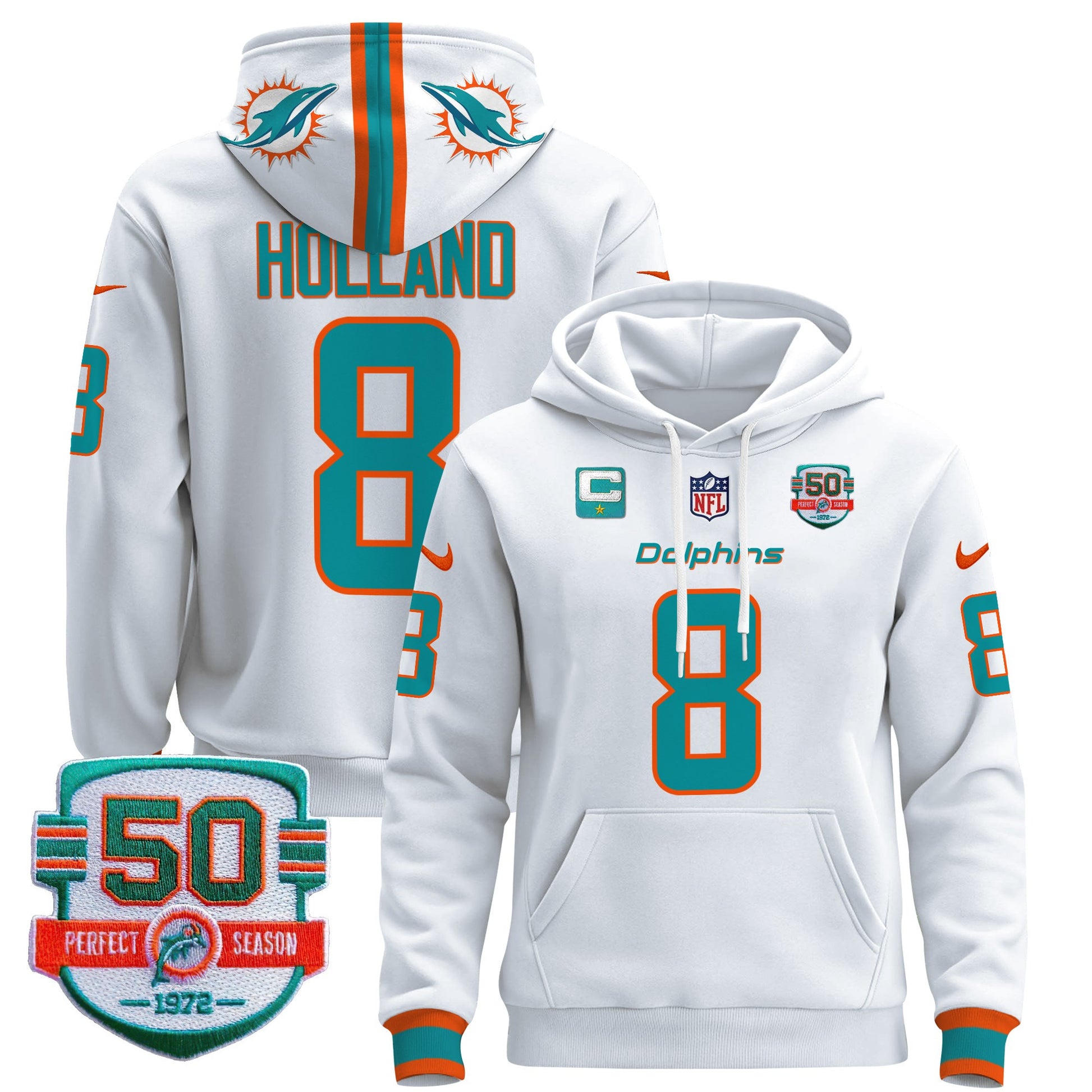 Men's Dolphins 50th 1972 Perfect Season Patch Pullover Hoodie - All Stitched