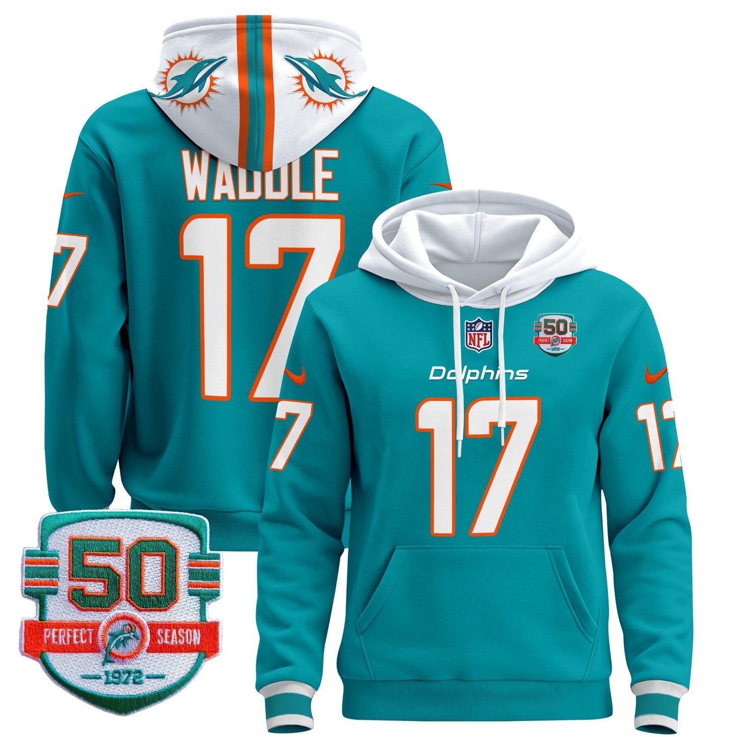 Men's Dolphins 50th 1972 Perfect Season Patch Pullover Hoodie - All Stitched