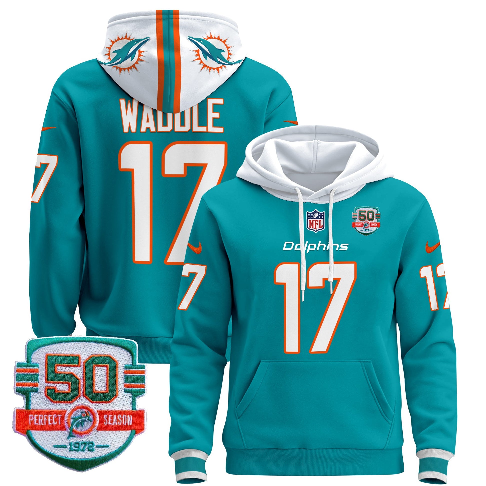 Men's Dolphins 50th 1972 Perfect Season Patch Pullover Hoodie - All Stitched