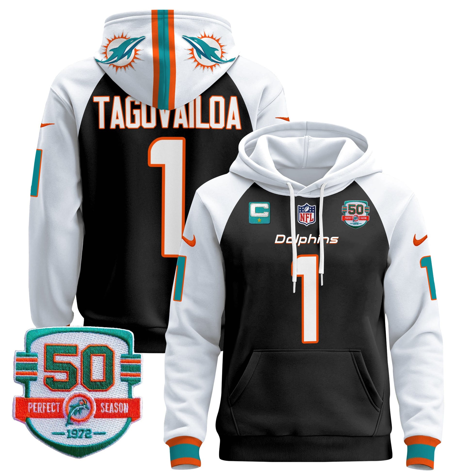 Men's Dolphins 50th 1972 Perfect Season Patch Pullover Hoodie - All Stitched