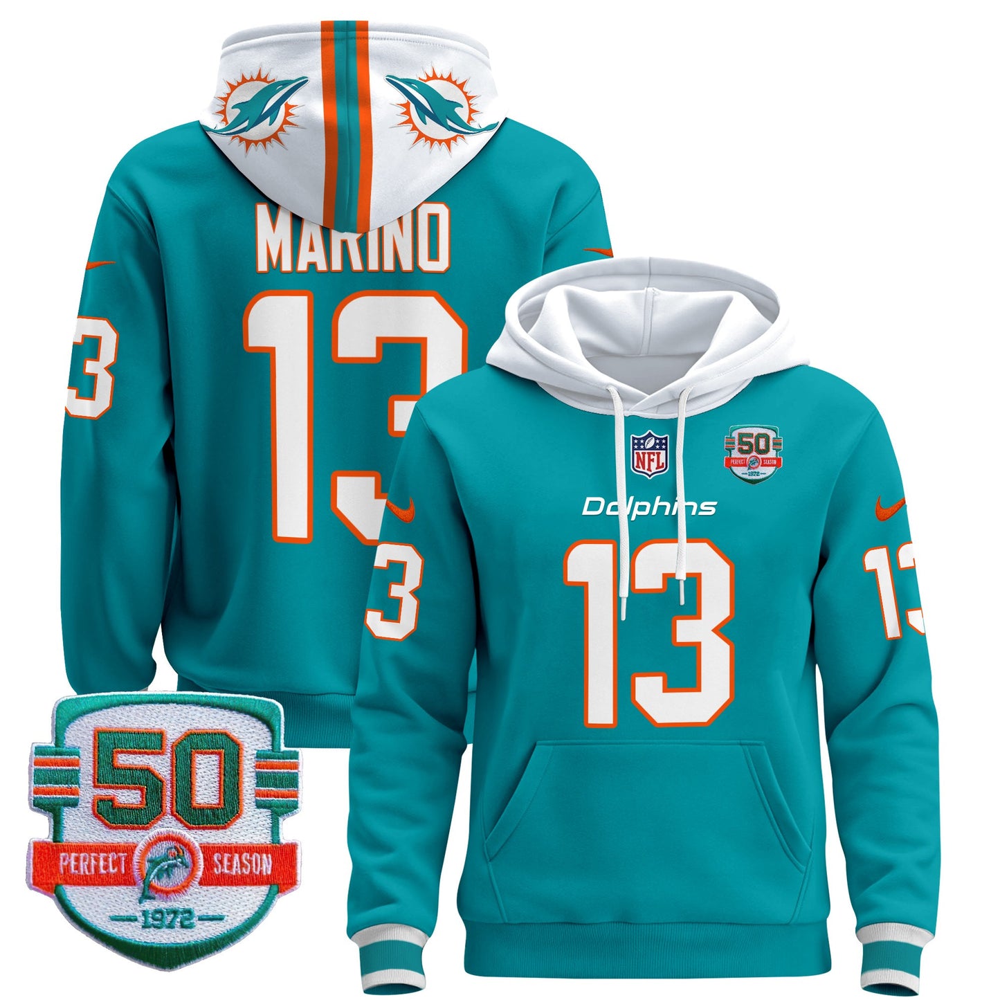 Men's Dolphins 50th 1972 Perfect Season Patch Pullover Hoodie - All Stitched