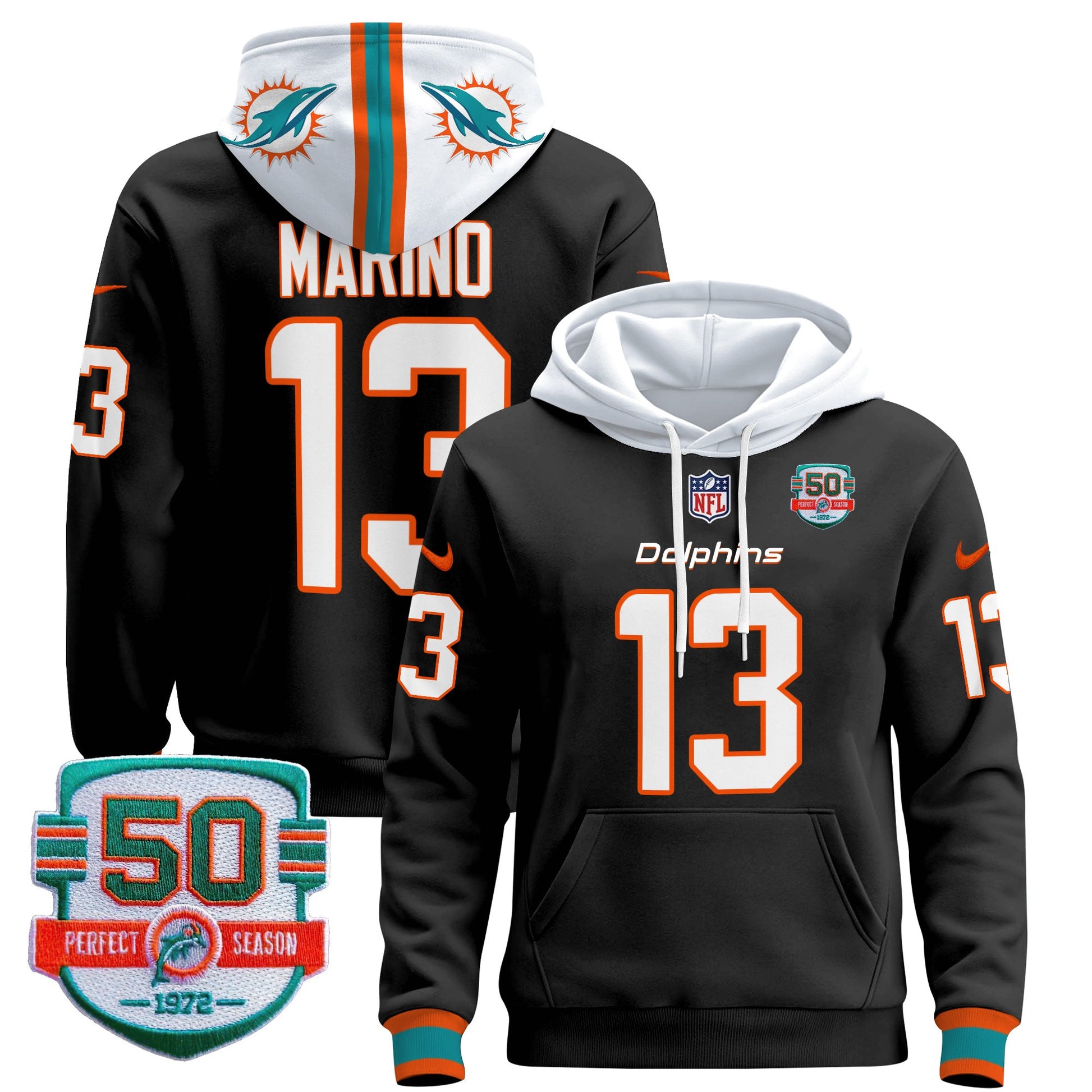 Men's Dolphins 50th 1972 Perfect Season Patch Pullover Hoodie - All Stitched
